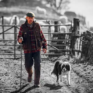 Farmer walking sheepdog