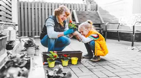 Child and grandparent planting flowers