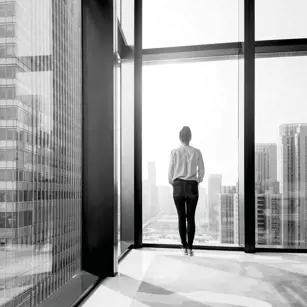 Person looking out from high rise building 