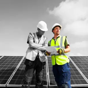 Engineers looking at solar panel plans
