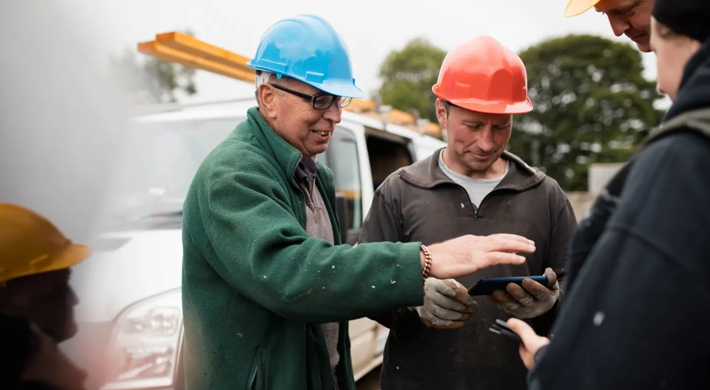 Several construction workers wearing safety helmets standing beside a work vehicle, reviewing information on a handheld device at an outdoor worksite. The workers and equipment are shown in colour, while parts of the surrounding scene are softly blurred.
